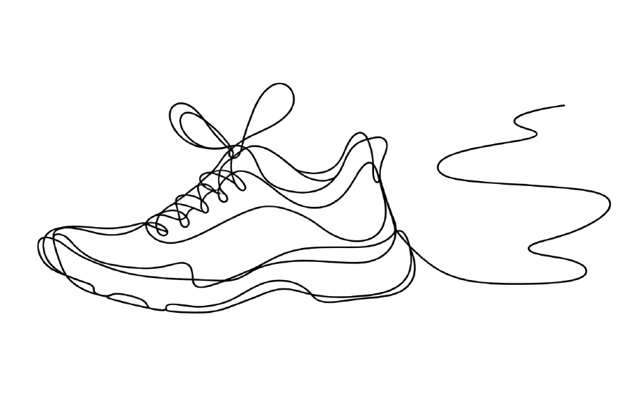 A running shoe and a winding route drawn with a continuous line.