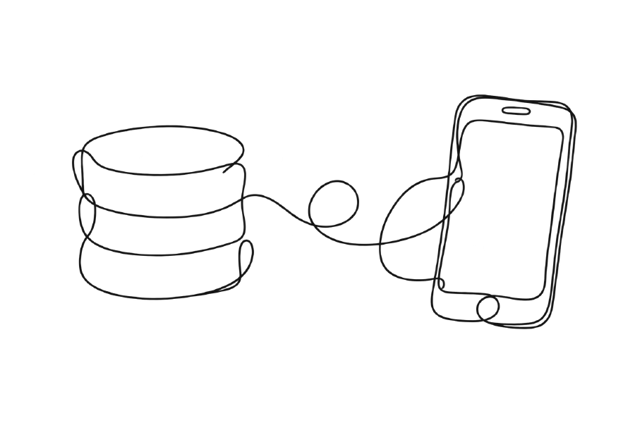 One flowing line joins a database cylinder to a phone screen.