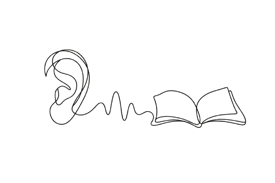 An ear, sound waves, and a page drawn in one loose line.