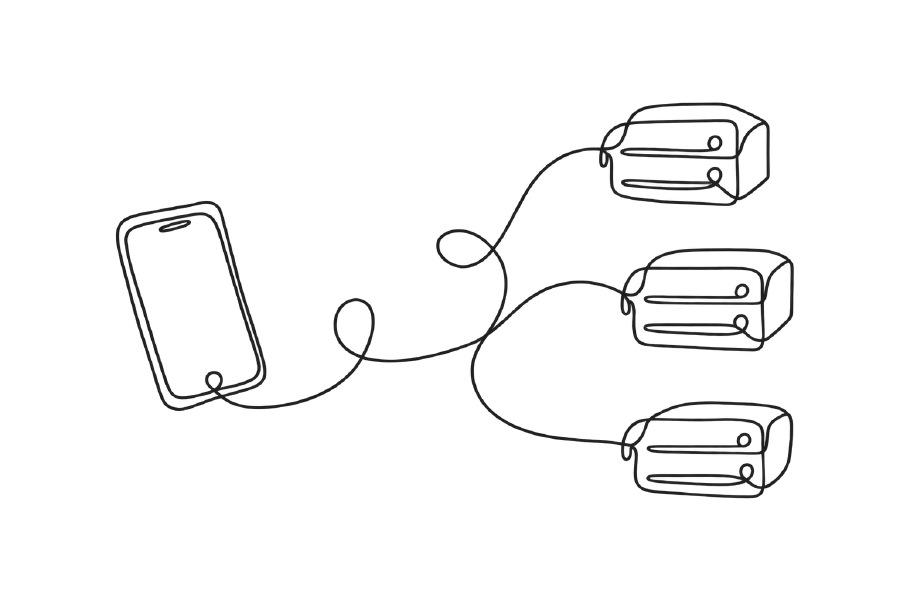 A wandering line connects a phone to several server shapes.