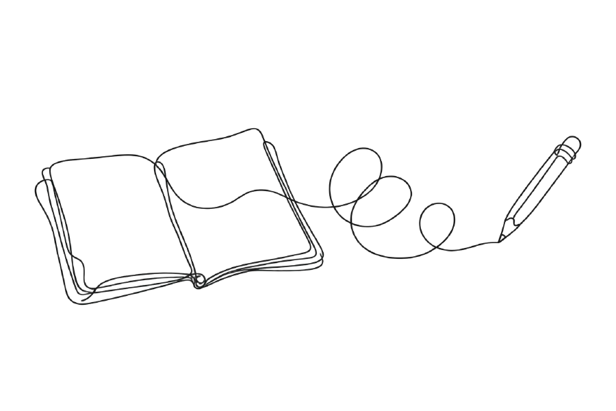 A notebook, a pencil, and a loose wandering coil of line.